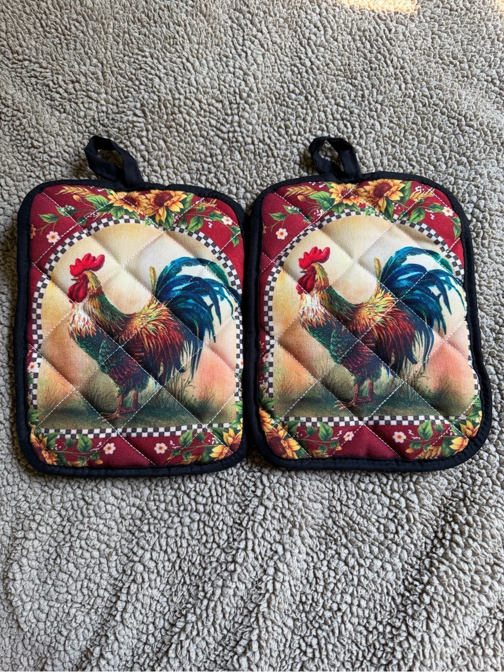 Rooster Print Quilted Pot Holders - Set of 2, Red Accents